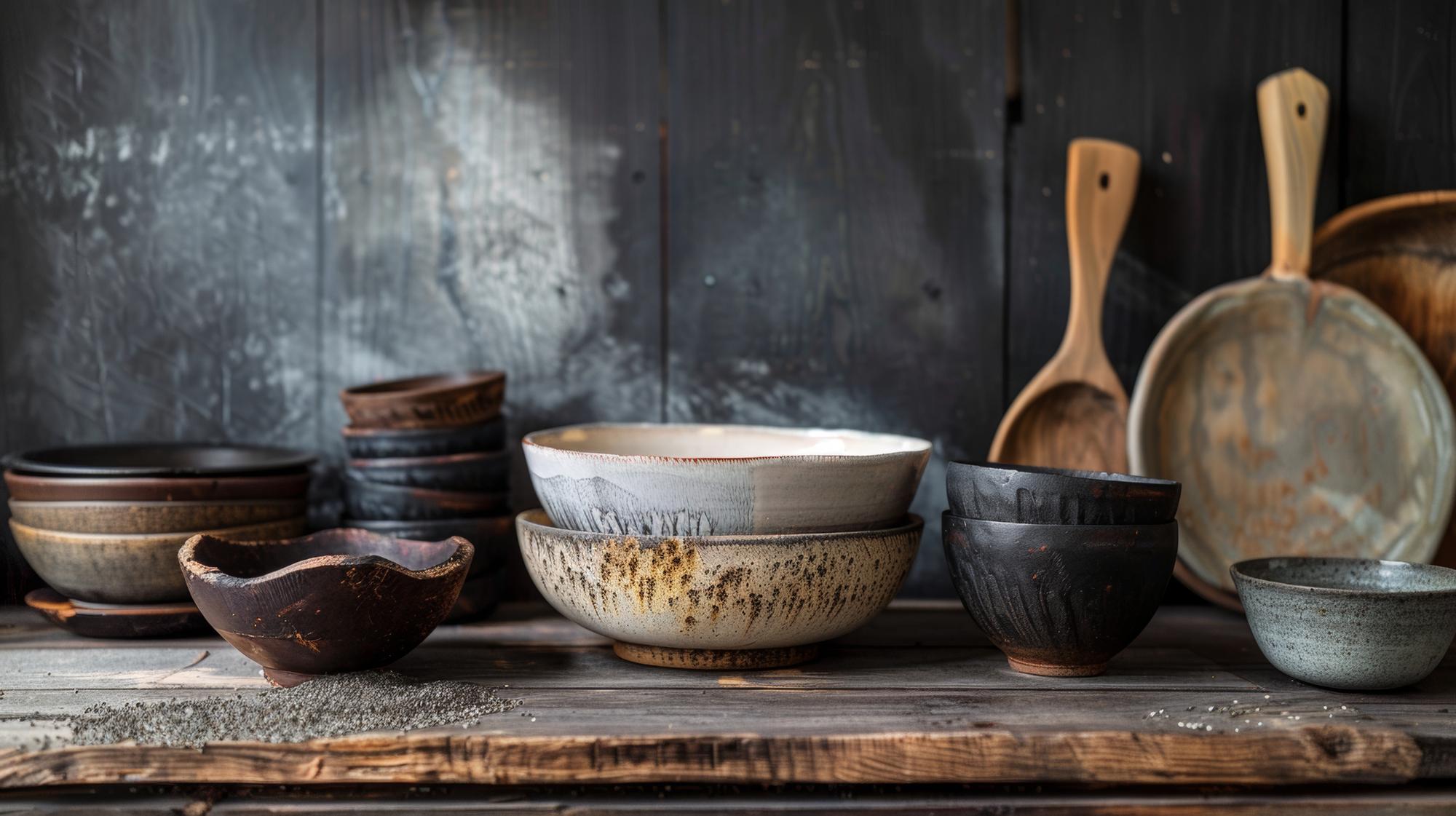 Wnętrze atelier z naczyniami ceramicznymi i kuchennymi narzędziami